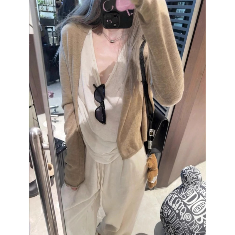Oatmeal Light Knitted Cardigan Women's Spring Relaxation Casual Slimming Top Flesh Covering Jacket Sunscreen Shirt