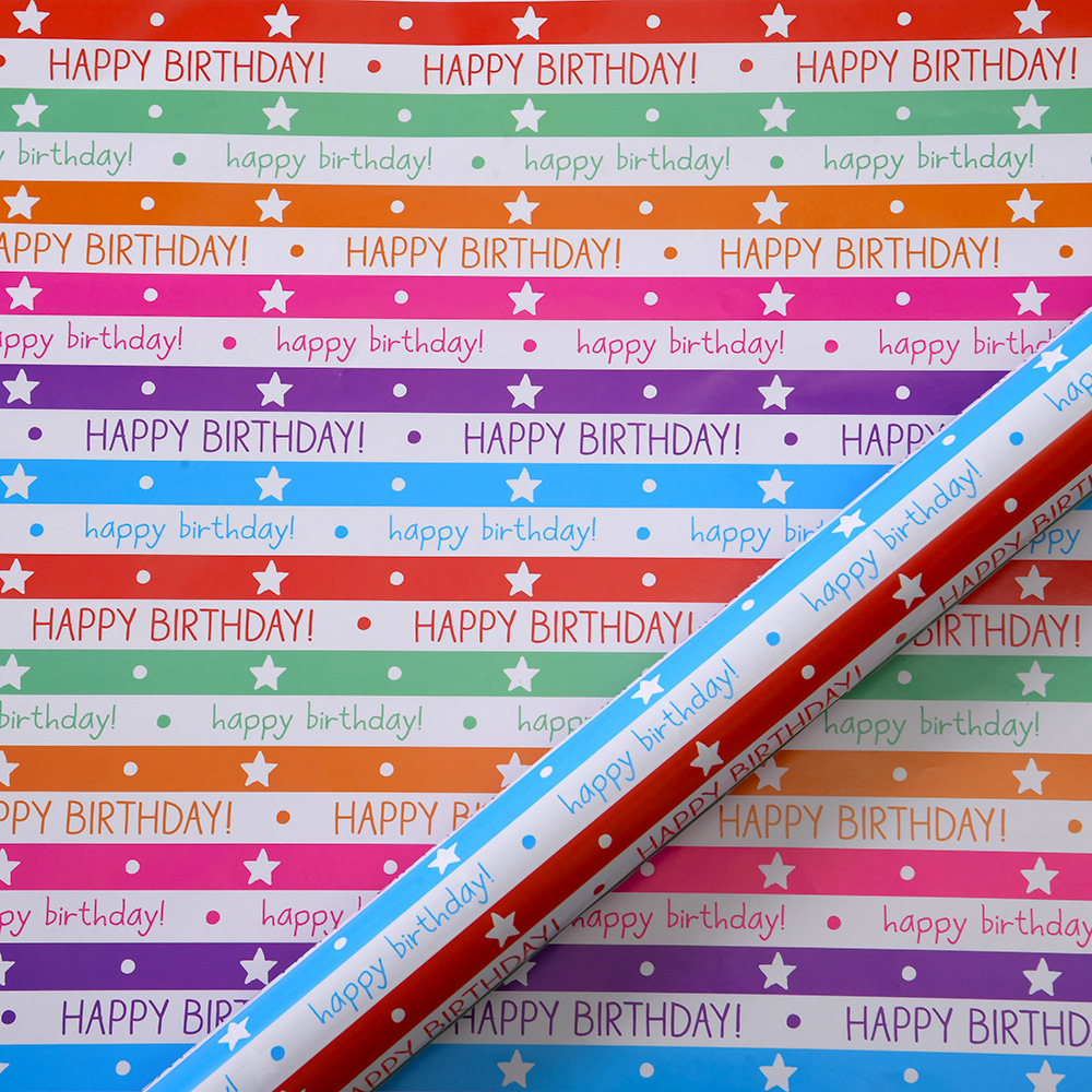 Papel de regalo de cumpleaños con estrellas de cinco puntas y letras coloridas de Amazon, papel de regalo creativo con dibujos animados para libros.