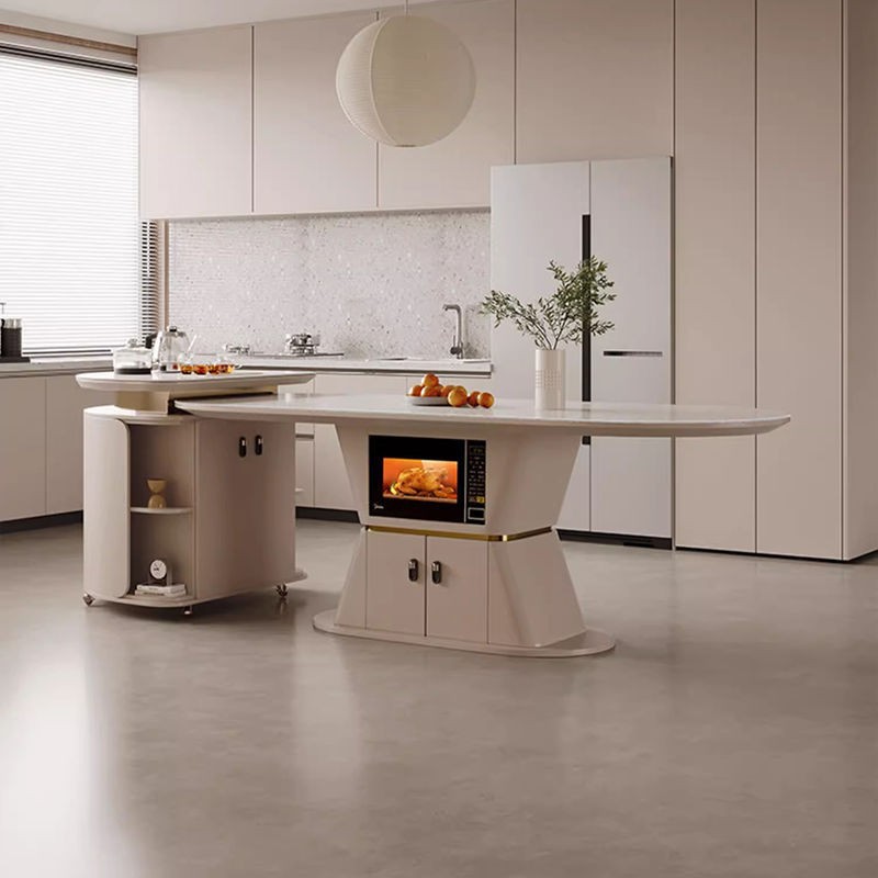 奶油岩板岛台餐桌一体组合功能泡茶桌椅组合电磁炉小户型家用法式