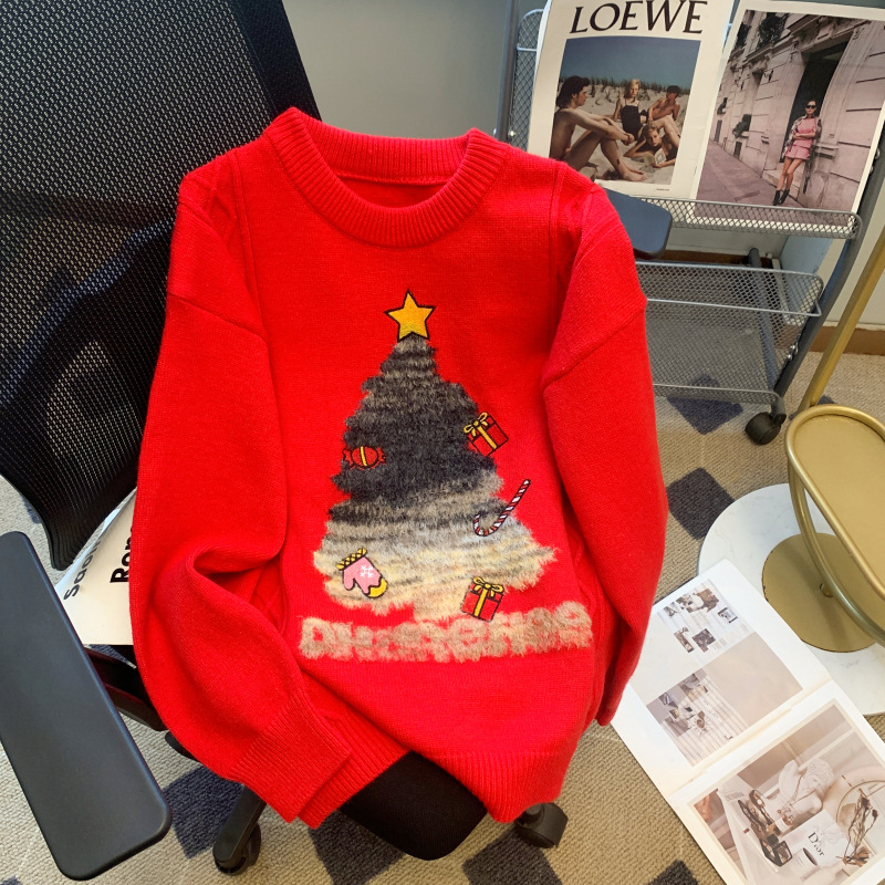 美式复古圣诞树红色毛衣女冬23季新款慵懒风宽松大件外套针织上衣