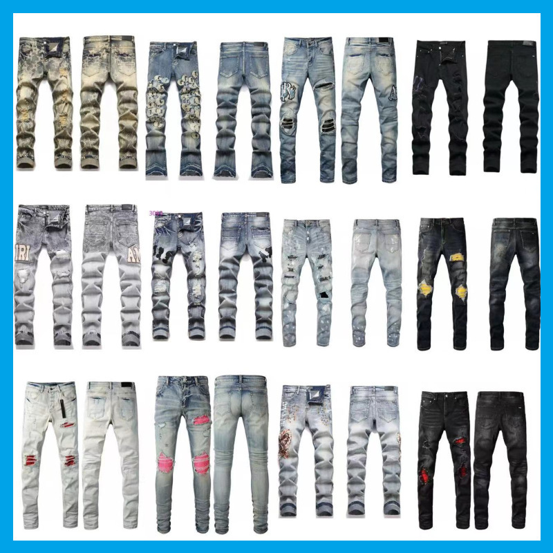 [Cross-Border Exclusive] Am High Street Fashion Brand Heavy-Duty Washed Ripped Jeans Original Design Embroider Same Style for Men and Women