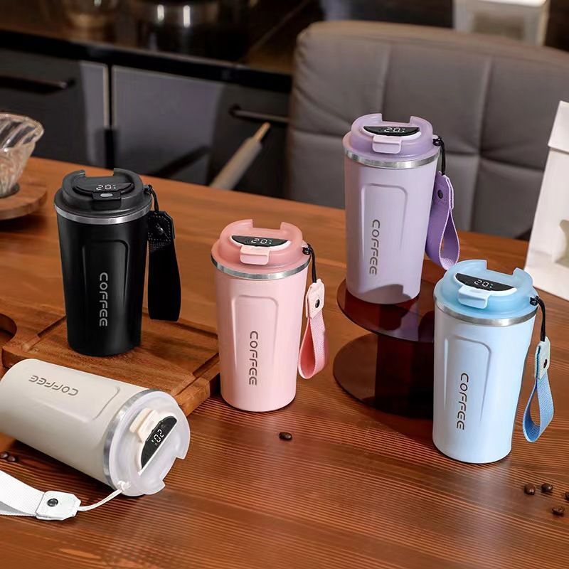 Taza de café inteligente de temperatura 304 taza de acero inoxidable portátil de cuerda de transporte de automóviles de oficina para hombres y mujeres con logotipo de impresión
