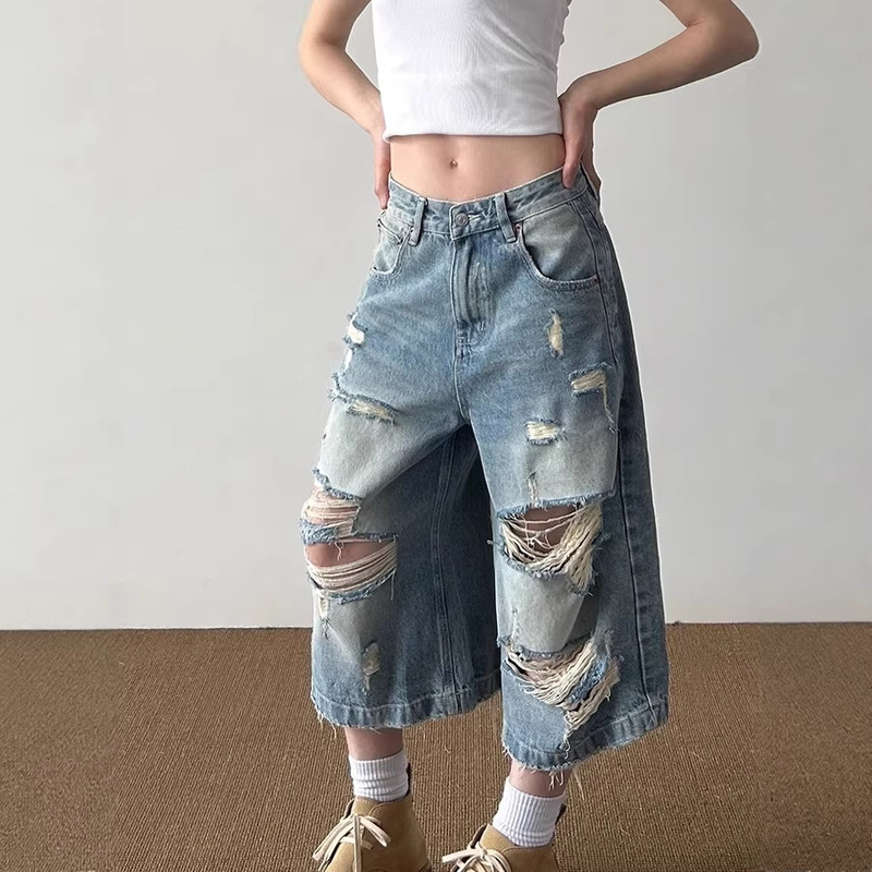 Men's Distressed Denim Shorts Summer Loose Straight American High Street Style Trendy Brand Cool Retro Cropped Pants Men's Distressed Denim Shorts Summer Loose Straight American High Street Style Trendy Brand Cool Retro Cropped Pants