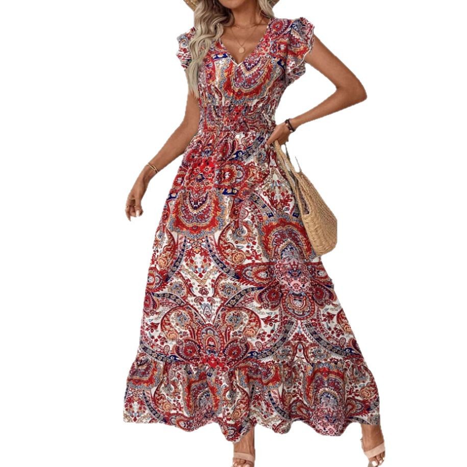 European And American Summer Bohemian Beach Vacation Style Printed Women's Cross-Border Waist-Cinching Long Dress_ecoleips.com