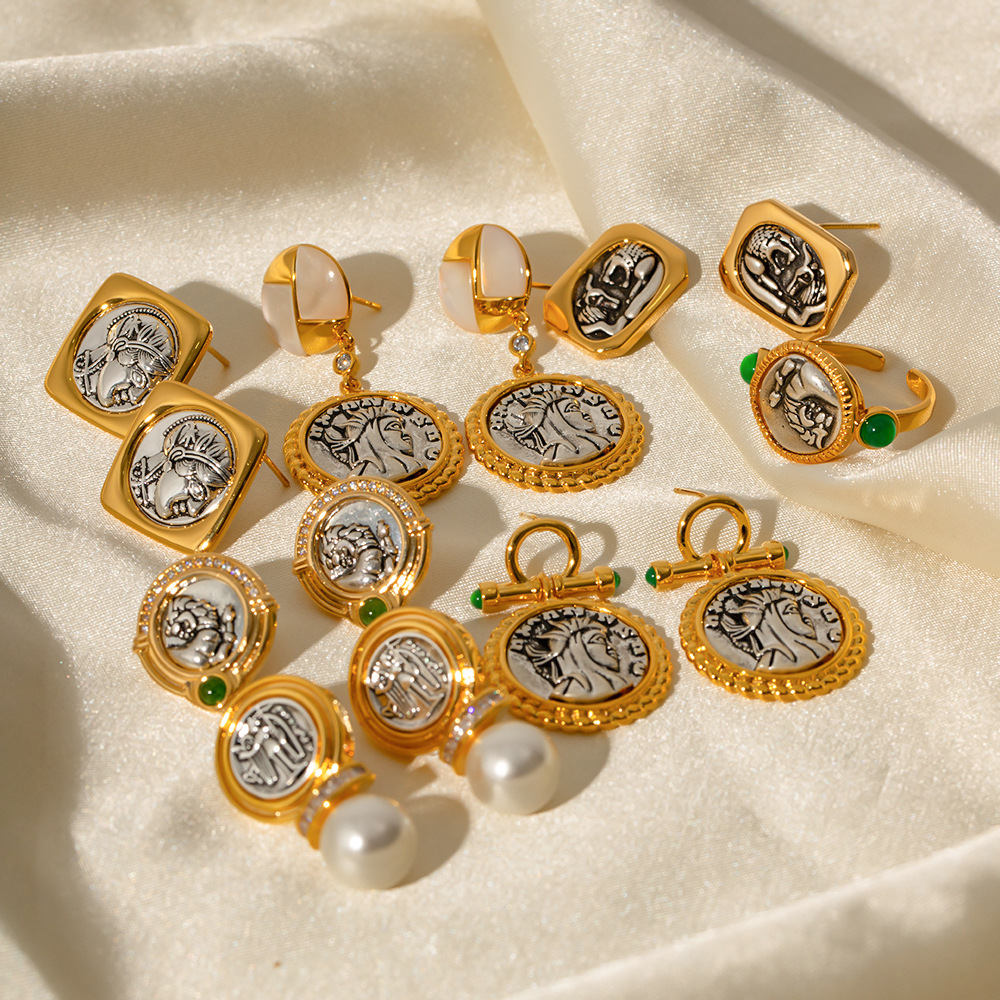 Retro Portrait Copper Inlay Artificial Pearls Zircon Drop Earrings Ear Studs