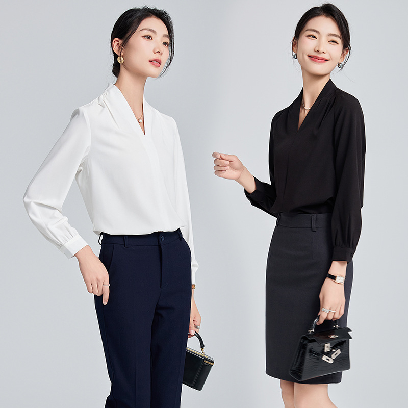 White Long-sleeved Shirt Women's 2024 Spring and Autumn High-grade Performance and Working Professional Dress Base Black V-neck Shirt