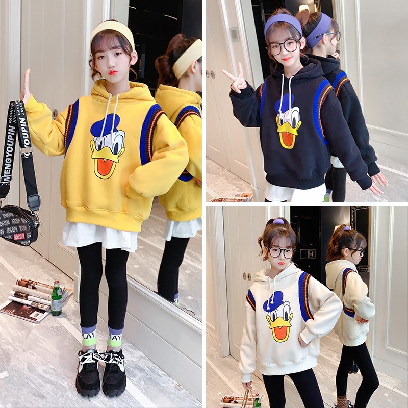 女童卡通鸭卫衣2020秋冬季新款韩版中大童加绒加厚洋气连帽上衣潮