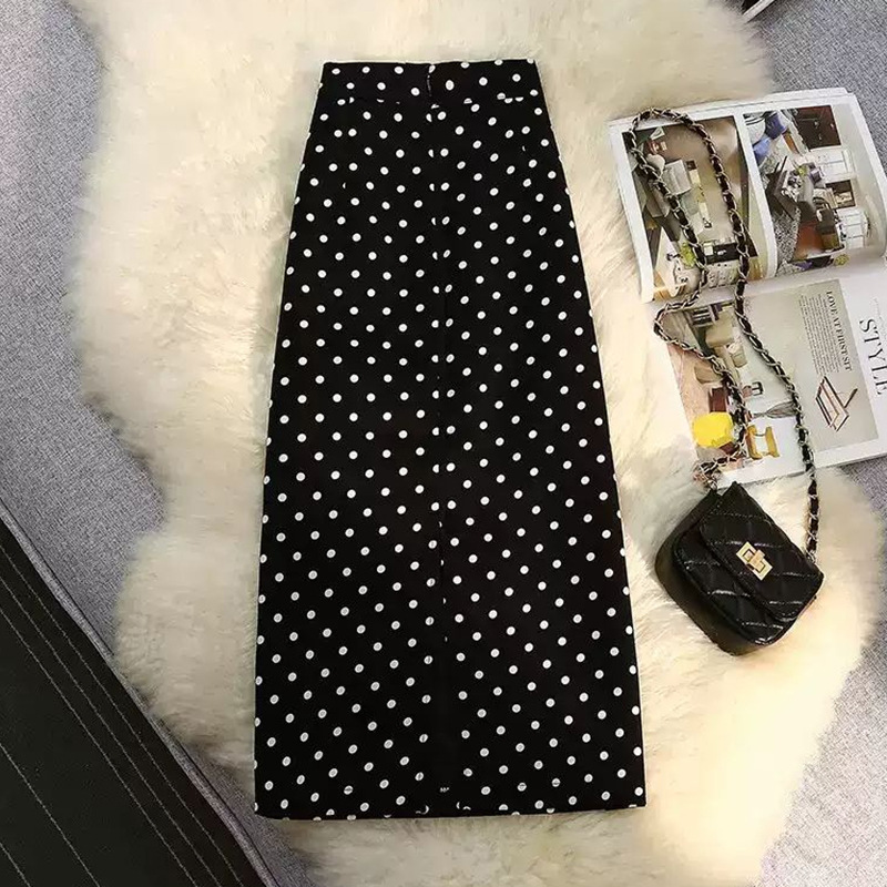 ハイウエスト水玉柄スカート レディース Aライン スリット入りミディ丈 2026夏新作 水玉柄ヒップスカートA 在庫あり