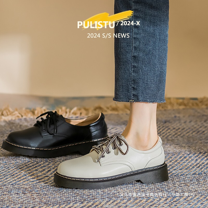 Small Leather Shoes Women's British Style 2024 Autumn and Winter Thick Bottom Lace-up Black Genuine Leather Flat Soft Leather fleece-lined Work Shoes Single-layer Shoes