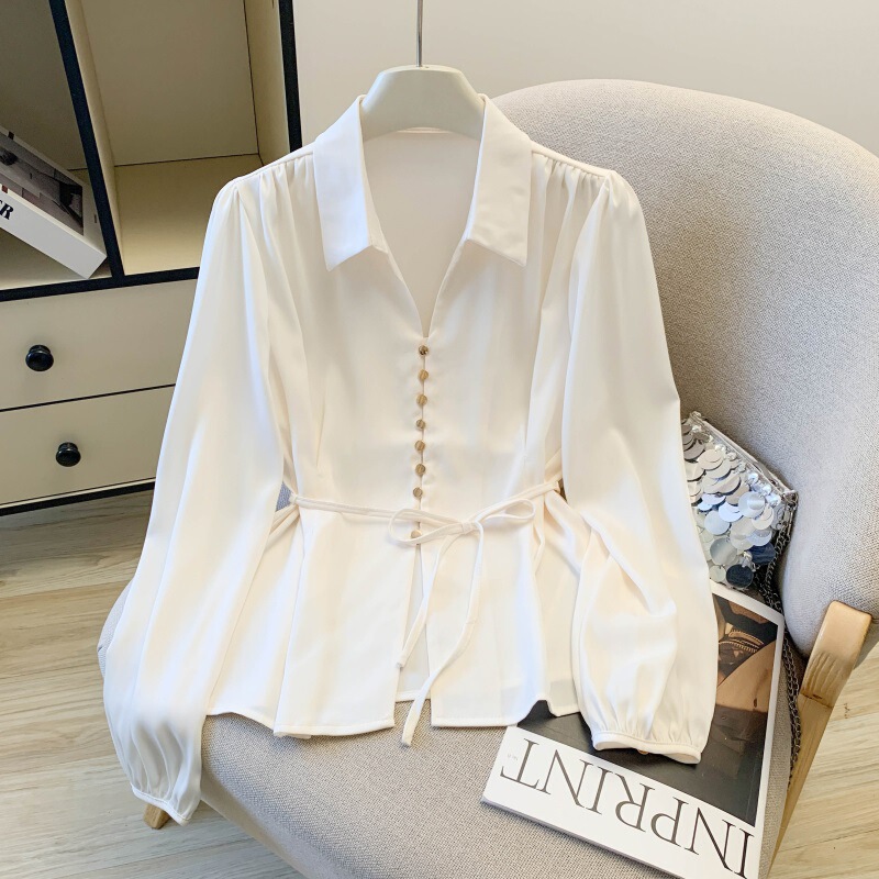 Spring and Autumn Korean Style Commuter High-End Satin Multi-Button Waist-Tie Loose Slimming V-Neck Chiffon Shirt for Women