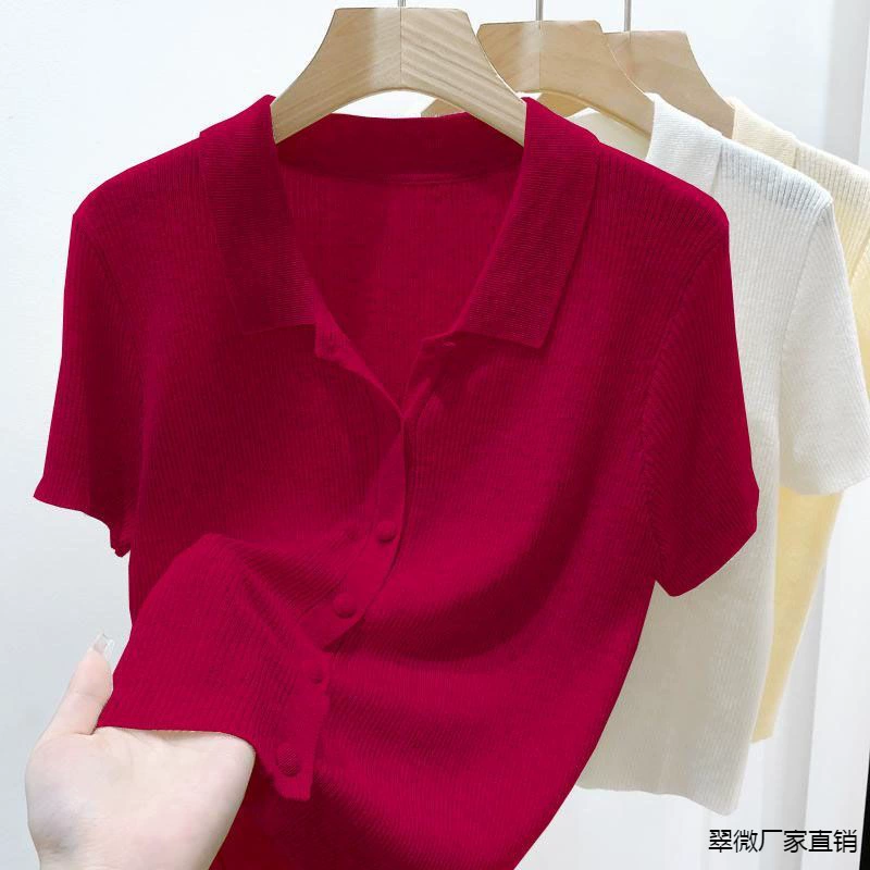 Тонкий вязаный кардиган с korte sleeves, облегающая подростковая летняя кофта, короткая поло-воротник, размеры S–2XL