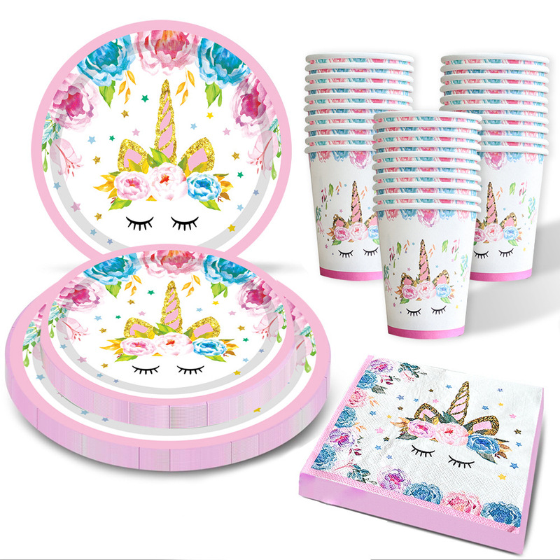 Unicorn Party suit Tableware Children's Birthday Holiday Party Tableware Paper Tray Tissue Paper Cup