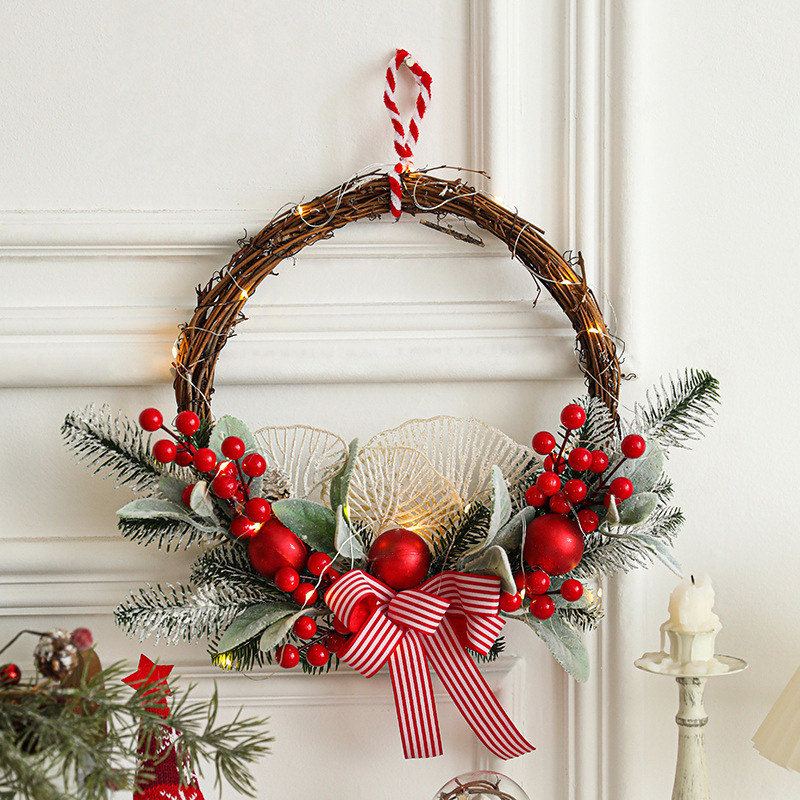 Navidad de madera arco de guirnaldas de pino rojo trenzado caña atmósfera decoración de ventanas de Navidad colgante de puerta
