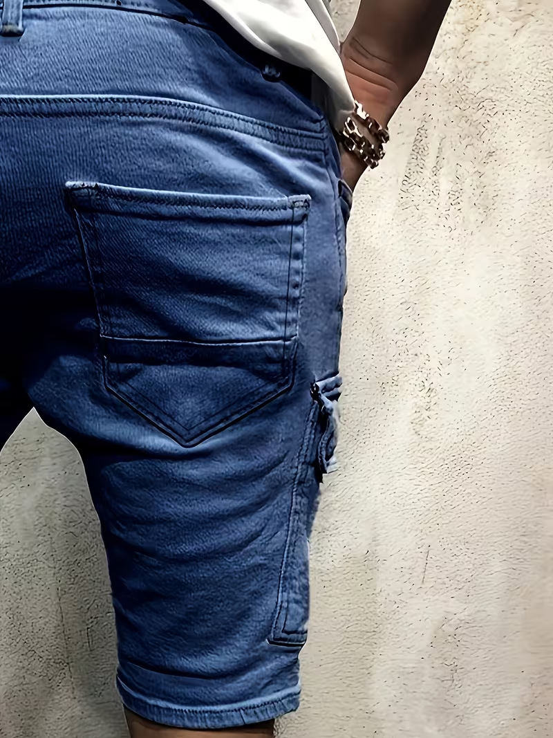 Men's Ripped Denim Shorts, Summer Stretch Cotton Cargo Shorts With Side Pockets, Slim Fit Casual Streetwear Style_viptrois.com