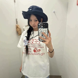 现货韩国小众E~春夏新款甜酷小草莓印花圆领百搭短袖T恤女