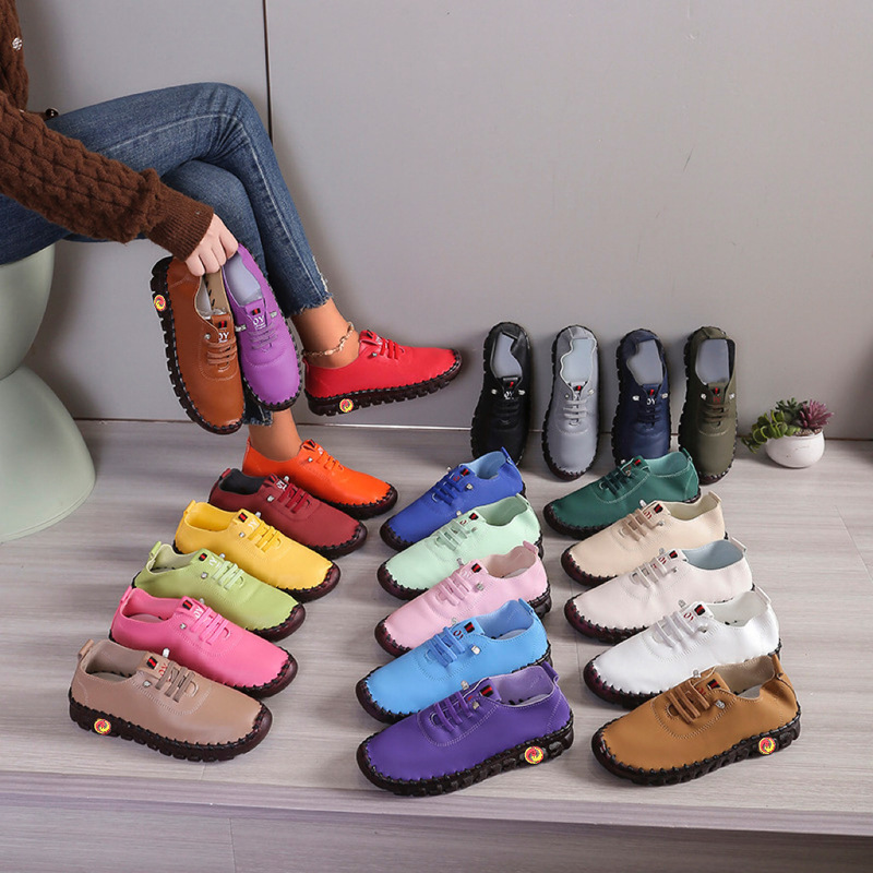 Stitched Flats, Comfortable Flats-Soled Lace-Up Mom's Shoes, Wide Fat Feet, Tendon Soles, Soft Soles, Soft Surfaces, Middle-Aged Large Size Women's Shoes