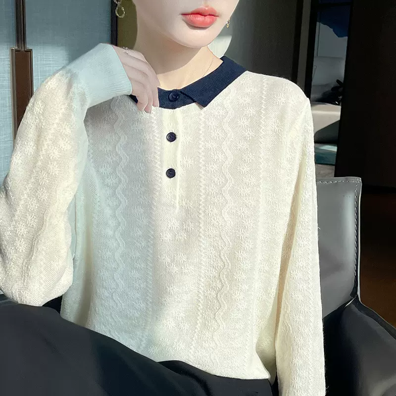 25年早秋新款POLO领针织衫长袖女拼色提花套头打底衫上衣娃娃领