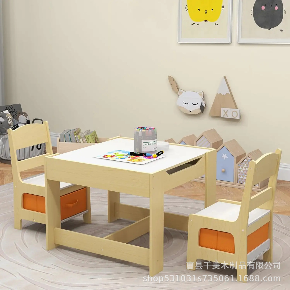 Wooden Simple Children's Table and Chair Set Combination Kindergarten Activity Children's Learning Painting Table Solid Wood Drawer Bench