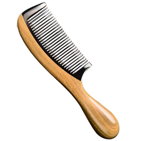 Factory Direct sales 19.8CM green sandalwood black buffalo horn handle thick handle drum handle hairdressing massage comb mortise stitching drum