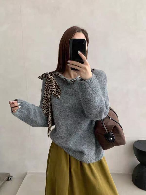 YS毛衣女韩版豹纹丝带设计感秋冬软糯系带露肩慵懒风针织衫上衣|undefined