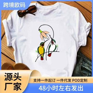 wish ebay外贸欧美女装宽松圆领白色鸟印花短袖t恤Round neck