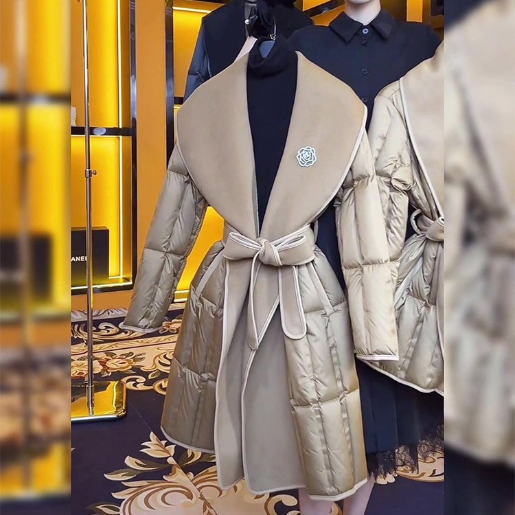 2024新款欧货高级感超好看中长版轻熟风卡其色加厚棉服外套女秋冬