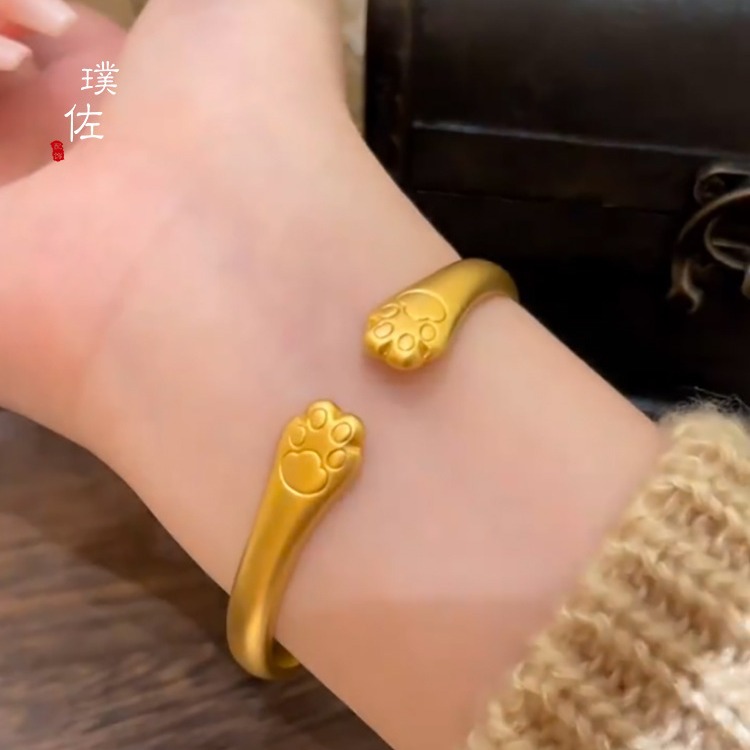 金店同款古法沙金開口貓爪手鐲可愛萌寵貓咪手環送女友禮物