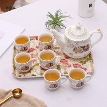 陶瓷茶具套裝帶托盤描金花餐廳家用茶壺水杯骨瓷歐式咖啡壺整套裝
