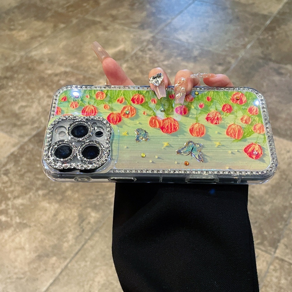 Pintura al óleo estilo ins, tulipanes, flores, mariposas, apple para Apple 15ProMax, flash Diamond iphone16, funda para teléfono móvil 14P