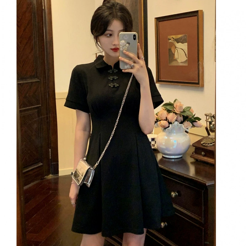 Черное платье нового стиля для маленьких женщин, улучшенный темперамент Cheongsam, маленькое черное платье, китайский стиль, новый китайский стиль для лета