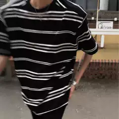 Japanese Casual Striped Short-Sleeve T-Shirt for Men Summer Retro Loose Trendy Round Neck Tee