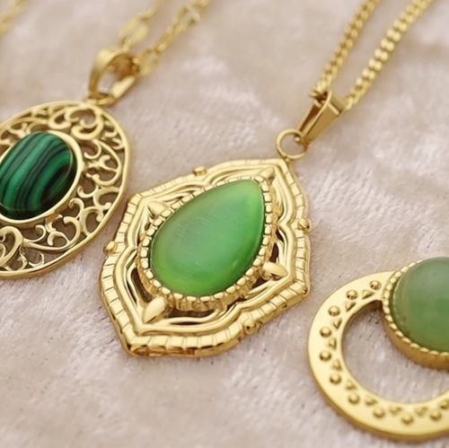 欧美INS轻奢风椭圆天然石吊坠项链18K镀金钛钢锁骨链外贸项饰批发