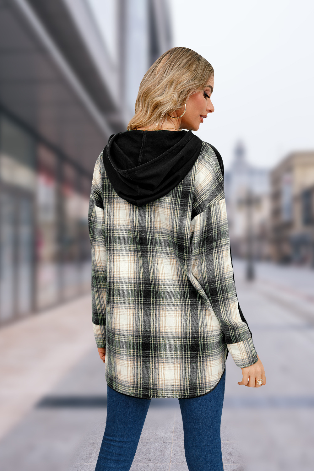 Sweats À Capuche Pour Femmes Manche Longue Vêtement De Rue Plaid Couleur Unie display picture 14