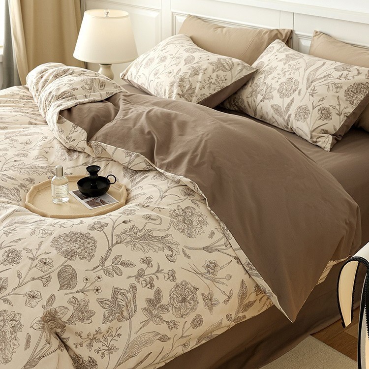 Juego de ropa de cama de tres piezas de algodón puro con estampado floral pastoral, estilo nórdico, vintage, bohemio y francés retro._voghion.com
