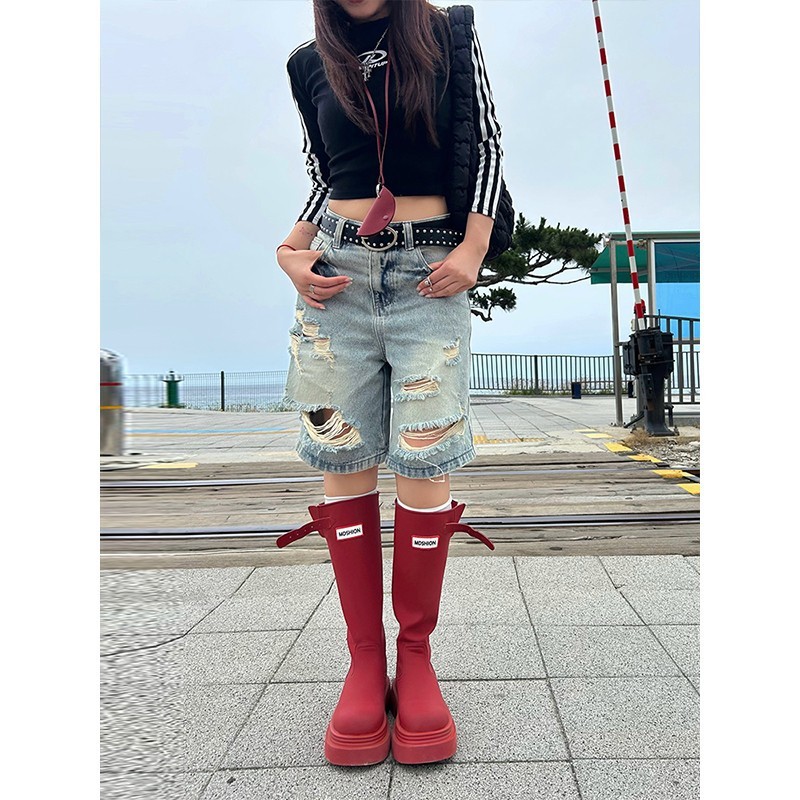 红色靴子~娜札同款高筒雨靴子女靴网红户外防滑防水长筒时装靴子|undefined