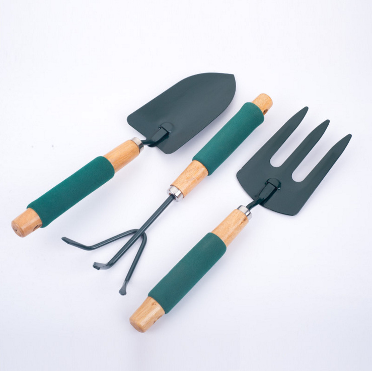 Tres juegos de palas de jardinería con mango de cintura de esponja verde