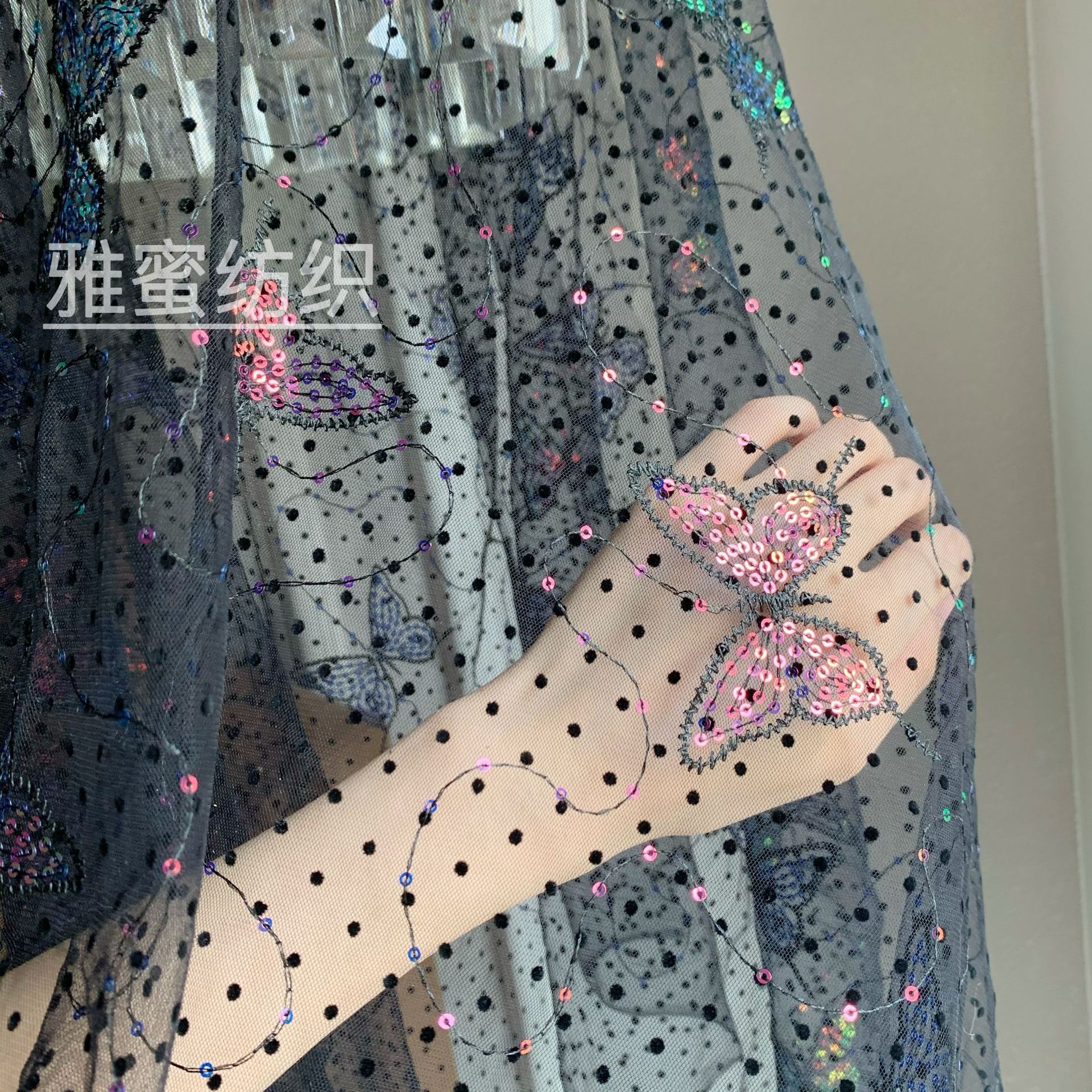 Punto brillante flocado mariposa bordado pieza mágica color lentejuelas Malla tela vestido de las mujeres etapa desgaste Lolita tela