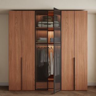 Changhong Glass One-Door Wardrobe Home Master Bedroom Modern Simple Solid Wood European Pine Board Walnut Color Wardrobe Cabinet