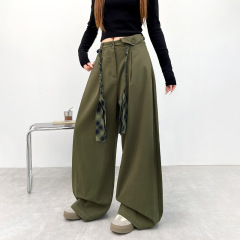 水洗棉美式工装裤女款2025秋季新款高腰设计感系带复古垂感阔腿裤