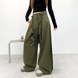 水洗棉美式工装裤女款2026春季新款高腰设计感系带复古垂感阔腿裤