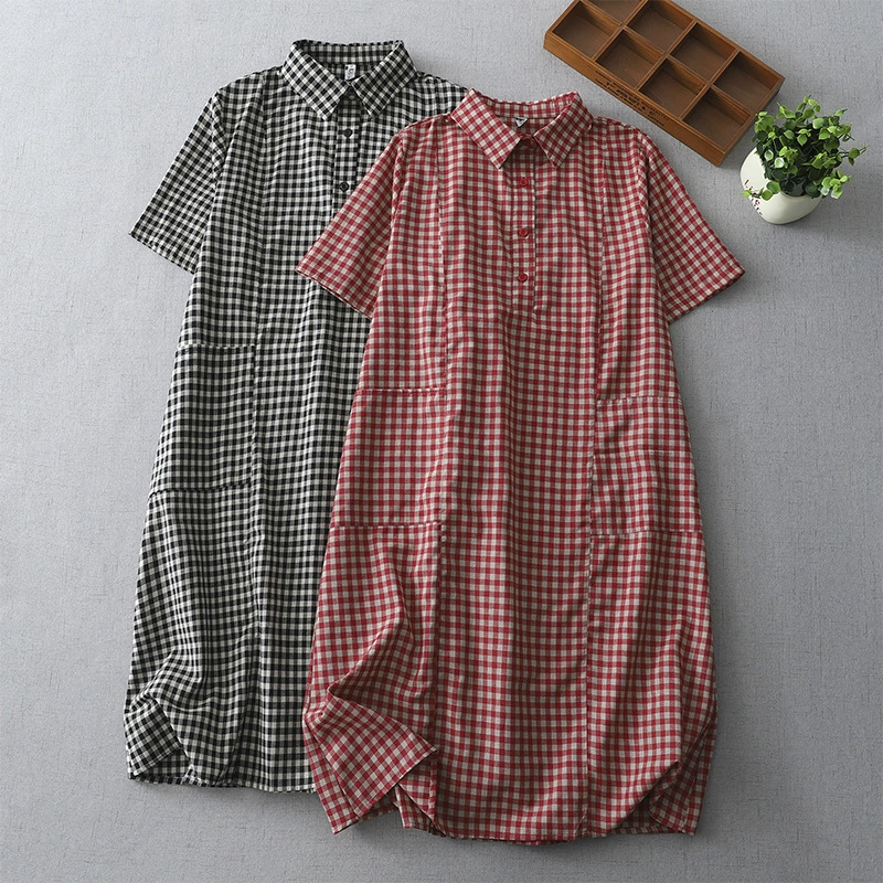 Реальный снимок нового летнего свободного платья большого размера средней длины, повседневное хлопковое платье-рубашка в клетку для женщин 2025 года