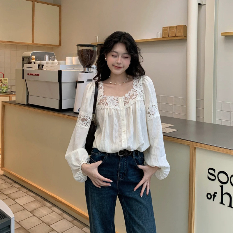 Moby Elegant French Lace Square Neck Hollow-Out Patchwork Shirt for Women, Beautiful Loose Lantern Sleeve Top for Autumn
