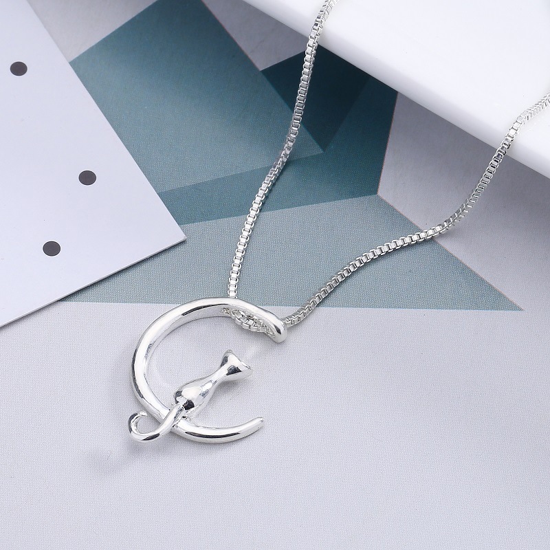 Nuova versione coreana minimalista e alla moda versatile collana in argento con gatto e luna per uomo e donna con ciondolo a forma di gattino carino_voghion.com