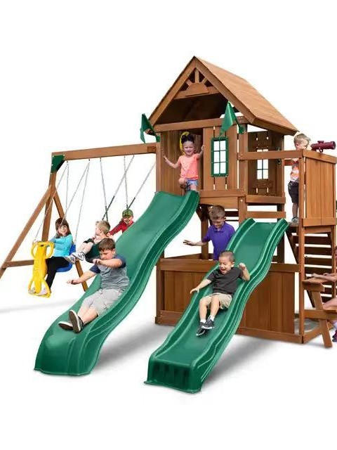 Gran patio, jardín de infantes americano, villa multifuncional, Huanghuali, tobogán combinado de madera para niños, columpio, envío gratis