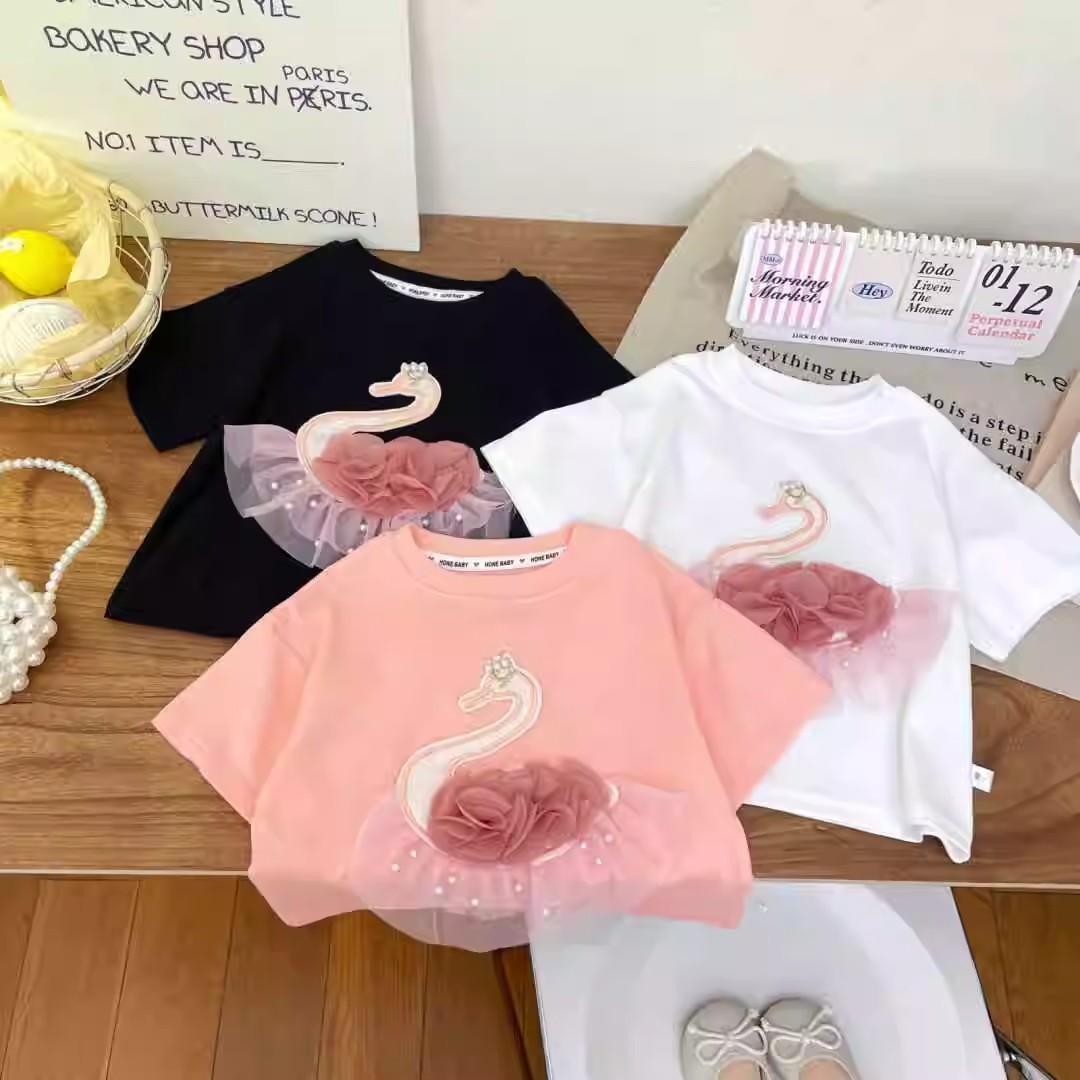 童装2024儿童夏季新款T恤韩版珍珠蕾丝天鹅女童拼接短袖T恤上衣