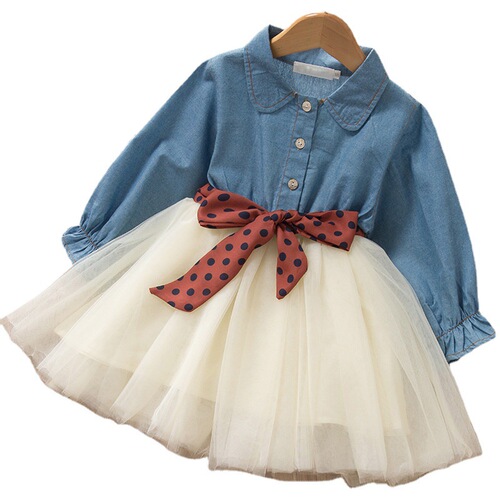 Cross-border spring and autumn girls' dress Korean style denim splicing mesh skirt + removable polka dot belt suit skirt