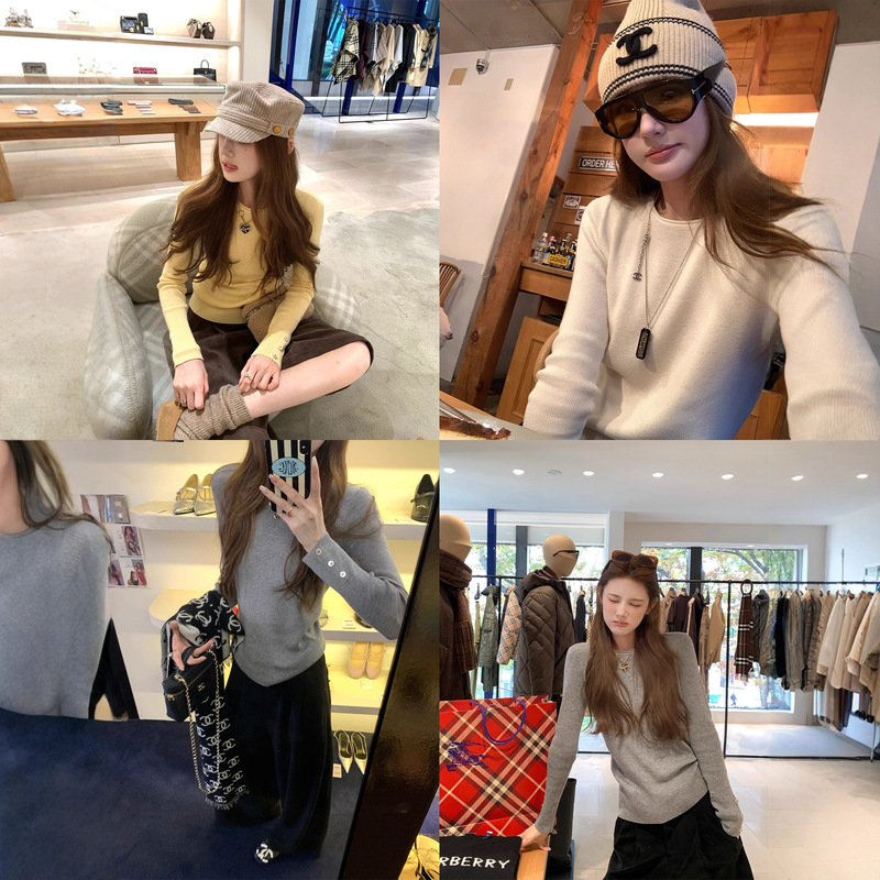 Aaaaxbbb Cheese Latte Three-Color Wool Knitted Bottoming Slimming Look Round Neck Long-Sleeved Sweater Inner Wear