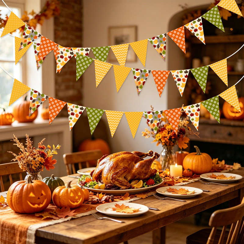 Cross-border autumn maple leaf triangular banner, Thanksgiving harvest season paper banner, autumn party scene decoration hanging flag