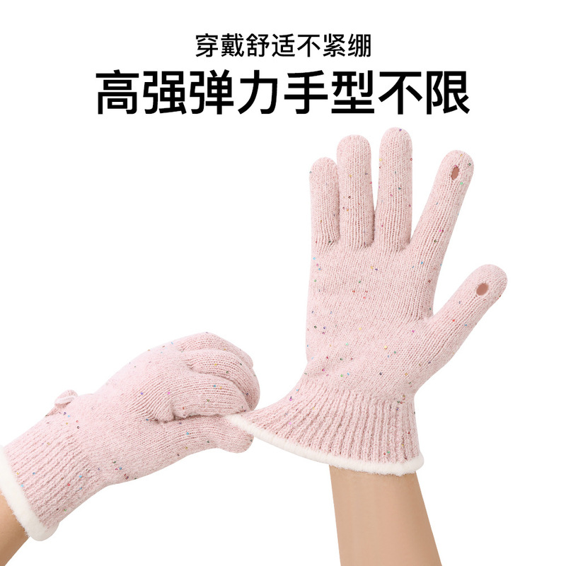 冬季成人手套女彩点蝴蝶结露指骑行手套女户外双层加厚保暖手套男|undefined