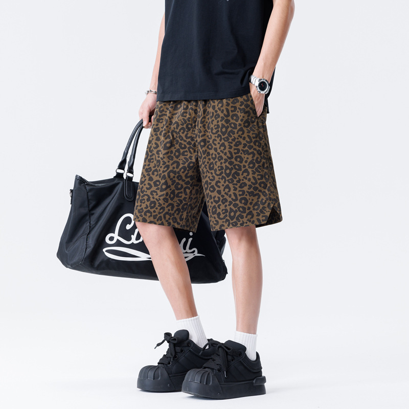 American Retro Straight-Leg Wide-Leg Leopard Print Pants Unisex Trendy High Street Loose Shorts Summer Five-Point Trendy Pants
